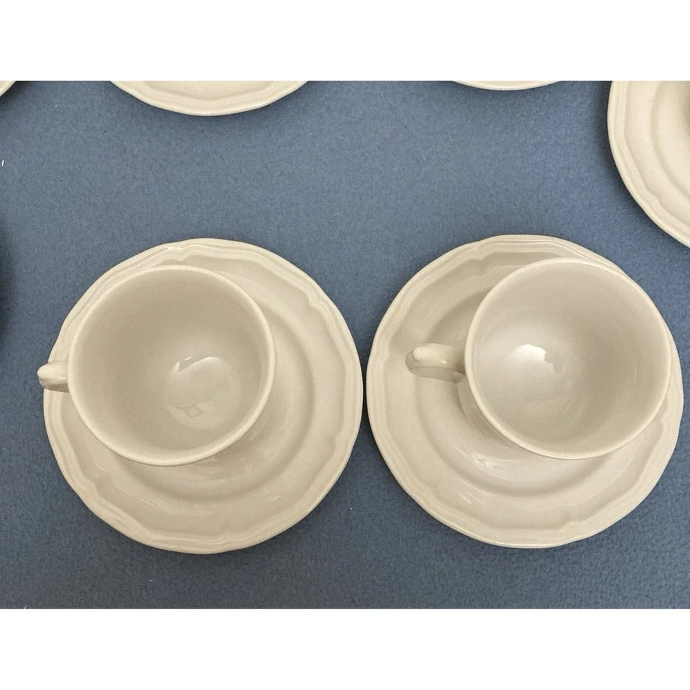 Stoneware Country White French Country Design Coffee Cup with Saucer - Set of‎ 7
